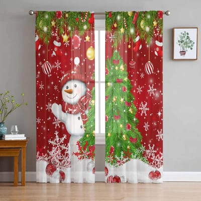 Kerst Sneeuwpop Dennetak Sokken Snoep Transparante Gordijnen voor Woonkamer Decoratie Raamgordijnen Keuken Tule Voile Gordijnen W135 x H115cm x1 brown