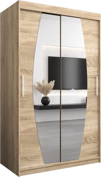 InspireMe - Kledingkast met 2 schuifdeuren, Modern-stijl, Een kledingkast met planken en een spiegel (BxHxD): 120x200x62 - GLOBE 120 Sonoma Eik