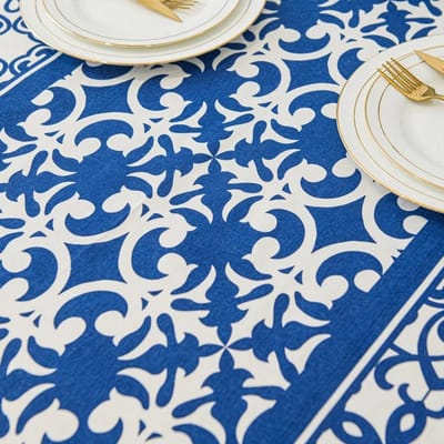 Blauw en Wit Porselein Patroon Rechthoekig Tafelkleed Chinese Stijl Bloemen Tafelkleed Katoen Stofdicht Tafelbladbeschermer 140x140cm 1pcs