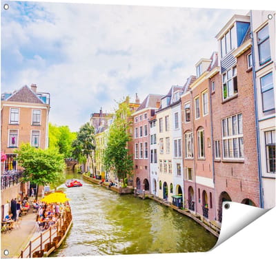 Gards Tuinposter Huizen aan de Oudegracht in Utrecht - 100x80 cm - Tuindoek - Tuindecoratie - Wanddecoratie buiten - Tuinschilderij