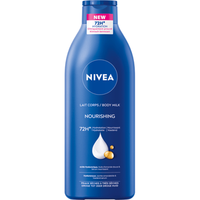 NIVEA Verzorgende Body Milk - met Hyaluronzuur Zachte Amandel Olie en Voedend serum - Body Melk met 72 Uur Hydratatie - Voor Droge tot Zeer Droge Huid