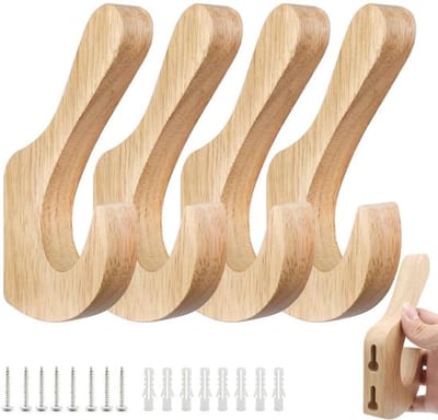 Wandhaak Set van 4 - Houten Wandhaken - Eikenhout - Dubbele Haken - Tijdloos Ontwerp - Inclusief Schroeven/Duimen