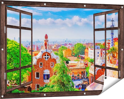 Gards Tuinposter Doorkijk Park Güell in Barcelona - Kleurrijk - 120x80 cm - Tuindoek - Tuindecoratie - Wanddecoratie buiten - Tuinschilderij