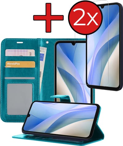 Hoesje - Met 2x Screenprotector - Geschikt voor Samsung Galaxy A15 - Luxe Pasjeshouder - Flip Case - Bookcase Portemonee - Kunstleer Book Case - Flipcase Hoes - Book Cover - Walletcase - Portemonneehoes - Telefoonhoes - Turquoise