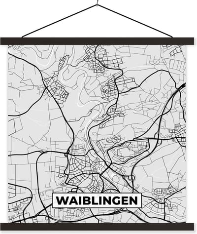Posterhanger incl. Poster 60x60 cm - Schoolplaat - Kaart - Waiblingen - Duitsland - Stadskaart - Plattegrond - Textielposter - Zwarte latten - Stadskaart