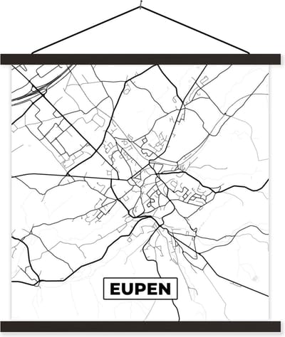 Posterhanger incl. Poster 60x60 cm - Schoolplaat - Kaart – Plattegrond – Stadskaart – Eupen – België – Zwart Wit - Textielposter - Zwarte latten - Stadskaart