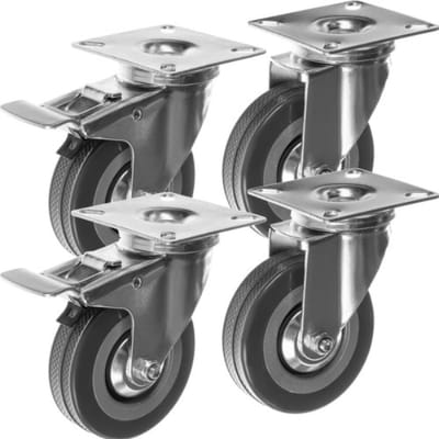 Zwenkwielen set van 4 met 2 remmen - 70mm - tot 220 kg draagkracht - Rubberen wielen Trolleywielen - Grijs