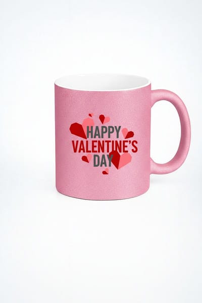 Valentijnsdag Mok Roze Glitter 'Happy Valentine's Day' met Harten | Romantisch Cadeau Liefde