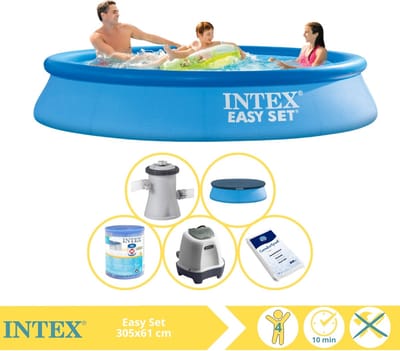 Intex Rond Opblaasbaar Easy Set Zwembad - 305 x 61 cm - Blauw - Inclusief Pomp - Afdekzeil - Filter - Zoutwatersysteem - Zwembadzout - 6-delig