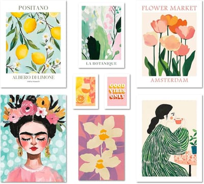 Abstracte Wanddecoratie Set - 8 Delige Galerij Posters met Pastel Kleuren, Bloemen en Trendy Kunst voor Woonkamer en Slaapkamer