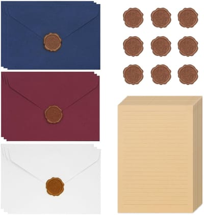 Dailygoods- Briefpapier Vintage Set - 20 Vellen A5 - 9 Kraftpapier Enveloppen - Antieke Waszegels - Perfect voor Liefdesbrieven - Schrijfervaring - Schrijfset