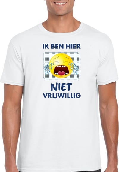 Wit feest shirt - Ik ben hier niet vrijwillig met emoticon voor heren S