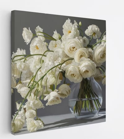 Saammp Canvas Schilderij - Abstracte Witte Bloemen in een vaas- Natuur - 20x20 - Foto op canvas - Wanddecoratie - Muurdecoratie Woonkamer - Kantoor Decoratie