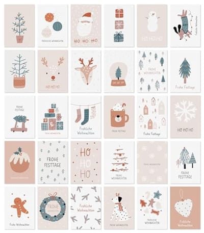 Set van 30 kerstwenskaarten A6 met enveloppen, feestelijke ontwerpen, stevig papier