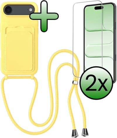 Hoes Geschikt voor iPhone Air Hoesje Pas Houder Case Hoes Met Koord Met 2x Screenprotector - Hoesje Geschikt voor iPhone Air Hoes Met Telefoonkoord Pasjeshouder Cover - Geel