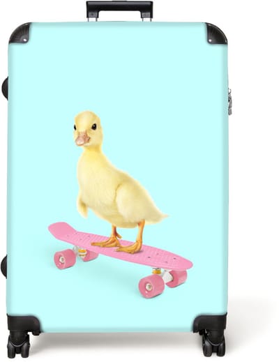 NoBoringSuitcases.com® - Koffer groot - Reiskoffer lichtgewicht - Eend - Kuiken - Skateboard - Blauw - Roze - Rolkoffer met 4 wielen - Grote trolley XL - 98 liter bagage