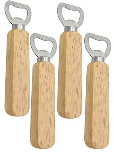 Dailygoods - Dailygoody - Houten flessenopeners - Bieropeners voor keuken en bar - Houtkleur - Roestvrijstalen opening - Ideaal voor camping - Set van 4