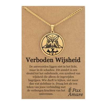 Duivel Ketting op Cadeau Kaartje - "Verboden Wijsheid" - Goudkleurig - Occult Talisman / Medalion - Roestvrij Staal Hanger - 60cm