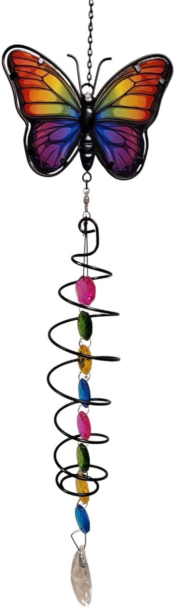 windspel Vlinderhanger, diverse kleuren, 51 cm, een combinatie van donker metaal en gekleurd glas, versierd met een spiraal en kleurrijke glazen steentjes. tuindecoratie