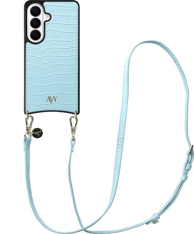 AVY Leren Hoesje Geschikt voor Samsung Galaxy S26 | Compatibel met MagSafe | Leather Case met Telefoonkoord | Crossbody | Croco Blauw | Long Leather