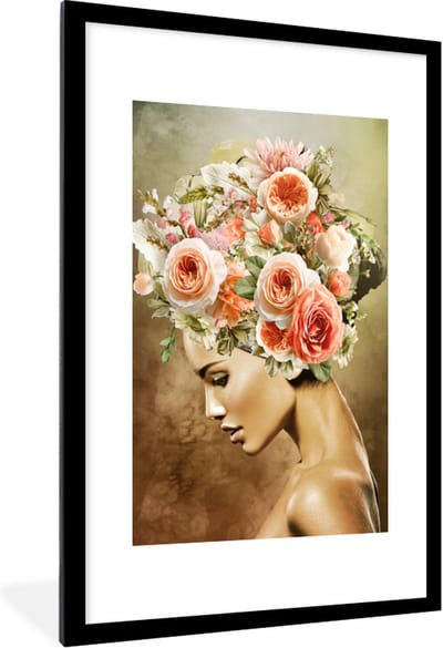 Fotolijst incl. Poster - Vrouw - Bloemen - Roze - 60x90 cm - Posterlijst