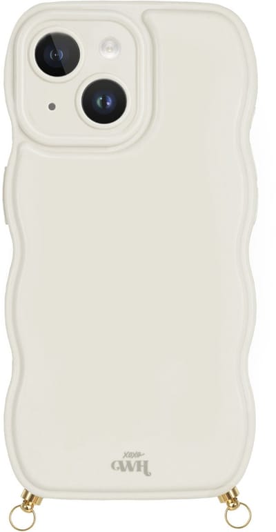 xoxo Wildhearts Glossy Wavy Cord Case Beige telefoonhoesje - Geschikt voor iPhone 14 - Golvend hoesje geschikt voor telefoonkoord - Glimmende silicone case met golven - Vlekbestendig hoesje met haakjes - Beige / Crème