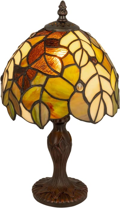 Tiffany tafellamp bladeren - Groen-geel-bruin - Ø 21 cm - Glas in lood - Warm licht - Natuurmotief - Hersttinten | RORUVERA