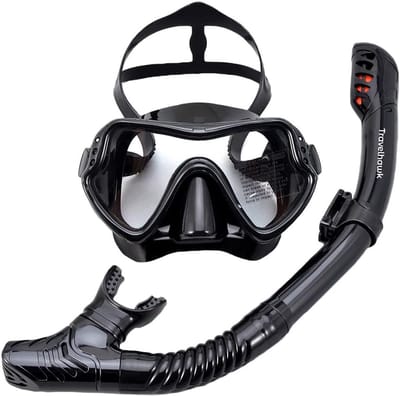 Travelhawk Snorkelmasker - Snorkel - Snorkelset - Duikbril met Snorkel - Duikmasker - Duikbril Kinderen - Duikbril Volwassenen - Versterkt Glas - Dry Top - Zwart