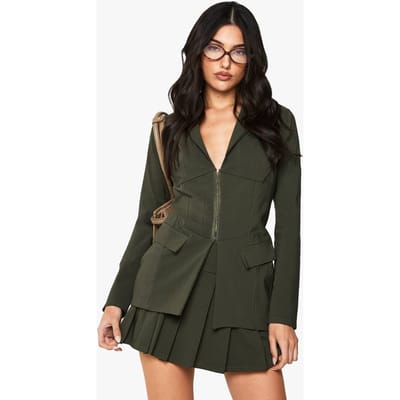 boohoo Dames Bengaline getailleerde blazer met haak- en oogsluiting | Kaki | Maat: 36