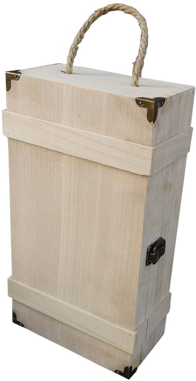 UNUS® Wijnkist houten met deksel en touwgreep voor 2 flessen