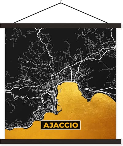 Posterhanger incl. Poster 60x60 cm - Schoolplaat - Stadskaart – Frankrijk – Kaart – Ajaccio – Plattegrond - Textielposter - Zwarte latten - Stadskaart