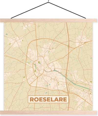 Posterhanger incl. Poster 40x40 cm - Schoolplaat - Kaart - België - Stadskaart - Roeselare - Plattegrond - Textielposter - Blanke latten - Stadskaart