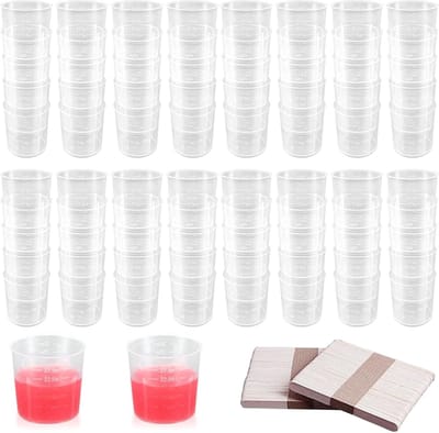 SnelShoppen - 80 Stuks 30 ml Meetbekers en Houten Roerstaafjes | Plastic Maatbekers voor Epoxyhars, Laboratorium, Keuken, Herbruikbaar, Hoogwaardige K