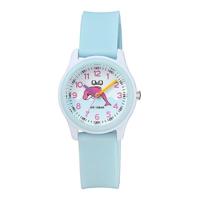 Q&Q VS59J005Y - Horloge - Sport - Analoog - Kinderen - Unisex - Plastic band - Rond - Kunststof - Cijfers - Dolfijn - Lichtblauw - Wit - 10 ATM