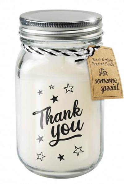 Kaars - Thank you - Lichte vanille geur - In glazen pot - In cadeauverpakking met gekleurd lint