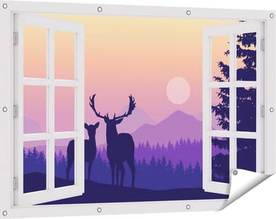Gards Tuinposter Doorkijk Twee Herten - Zonsondergang - Silhouet - 120x80 cm - Tuindoek - Tuindecoratie - Wanddecoratie buiten - Tuinschilderij