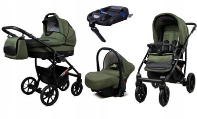 BabyLux® Kinderwagen 4in1 – LARGO - OLIVE BLACK BLACK FRAME - Opklapbare Wandelwagen incl. Reiswieg, Multifunctionele Buggy Sportstoel, Autostoel, ISOFIX basisstation - Combi-kinderwagen met Luiertas, Regenhoes, Klamboe