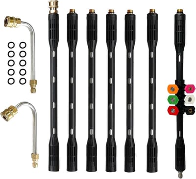Hogedrukreiniger Verlengstang met 6 Spuitkoppen en 9 Stuks Gootreiniger Accessoires, 1/4 Inch Snelle Aansluiting, Leaks Bestendig