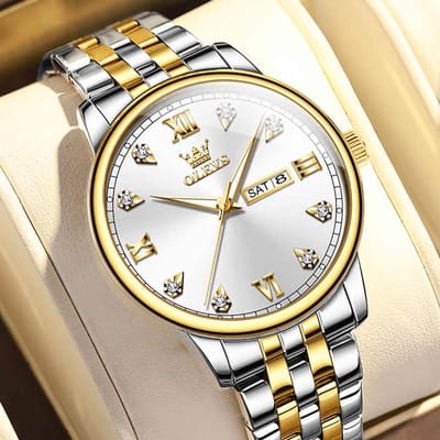 HO-5525.gz : Olevs stijlvol goud/zilverkleurig edelstaal quartz horloge, zilverwitte wijzerplaat, weekdag & datum