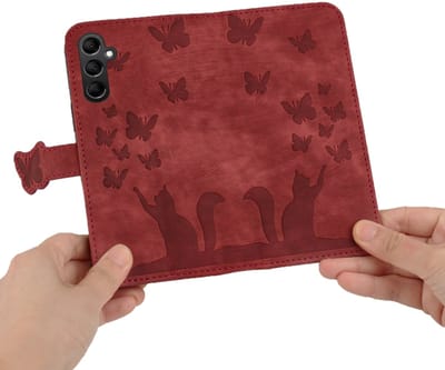 BookCover Etui Hoes geschikt voor Samsung Galaxy S24 - S25 - Rood - Vlinders en Kat - Reliëf