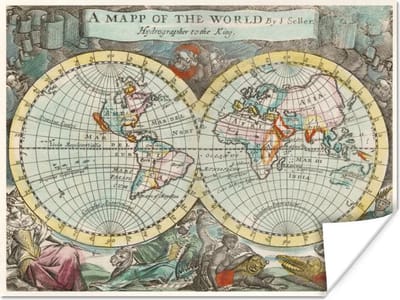Poster - Wereldkaart - Kleuren - Vintage - 40x30 cm