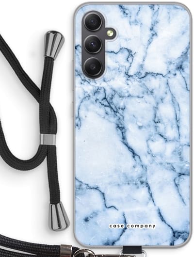 Case Company® - Hoesje met koord geschikt voor Samsung Galaxy A34 hoesje met Koord - Blauw marmer - Telefoonhoesje met Zwart Koord - Bescherming aan alle Kanten en Over de Schermrand