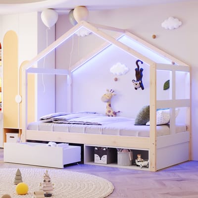 PHOEBE CAT Kinderbed - 90 × 190 cm - Huisvorm - Met lades - LED-verlichting - Wit + Natuurlijke