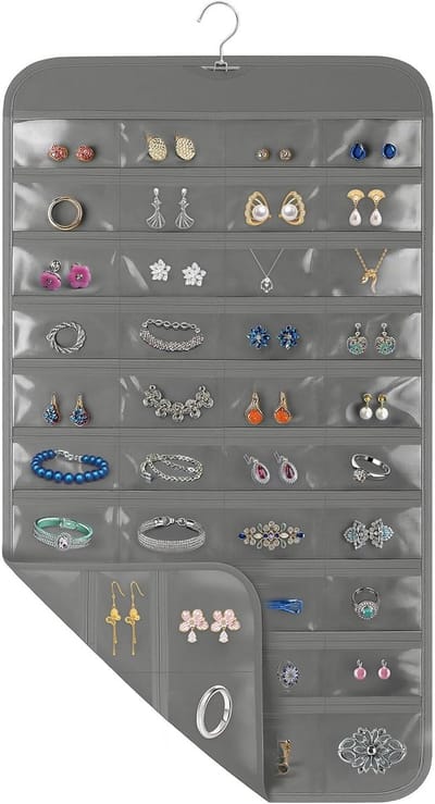 Daity 1 stuk - Hangende sieradenorganizer met draaibare haken - 43 x 76 cm - 80 transparante vakjes voor het ophangen van sieraden - oorbellen en accessoires (grijs)