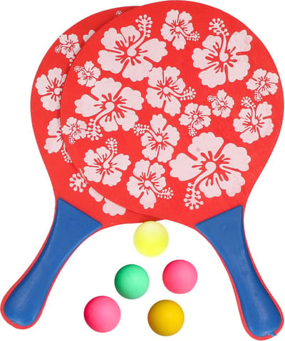 Summertime Beachball set - hout - rood - strand sport speelset - met 5x balletjes