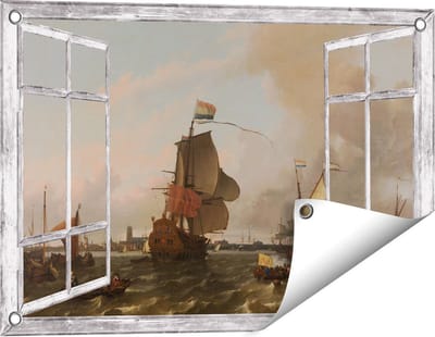 Gards Tuinposter Doorkijk Het Oorlogsschip Brielle op de Maas voor Rotterdam - Ludolf Bakhuysen - 60x40 cm - Tuindoek - Tuindecoratie - Wanddecoratie buiten - Tuinschilderij