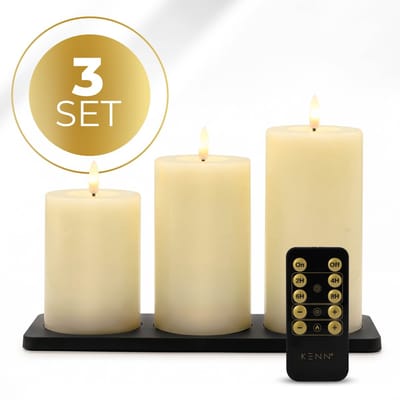 KENN® GlowPro™ Oplaadbare LED Kaarsen – Tot 400 Branduren – Set van 3 – Ivoor – Met Afstandsbediening & Timer – Magnetisch Oplaadstation – Bewegend Vlameffect – LED Kaarsen Oplaadbaar – LED Stompkaarsen – LED Kaarsen met Flikkerende Vlam – Horeca