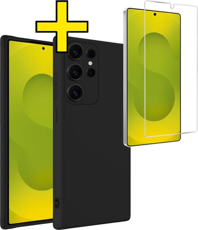 Hoesje - Met Screenprotector - Geschikt voor Samsung Galaxy S25 Ultra - Sterk & Shockproof - Back Cover - Siliconen Case - Telefoon Hoes - Telefoonhoesjes - Zwart