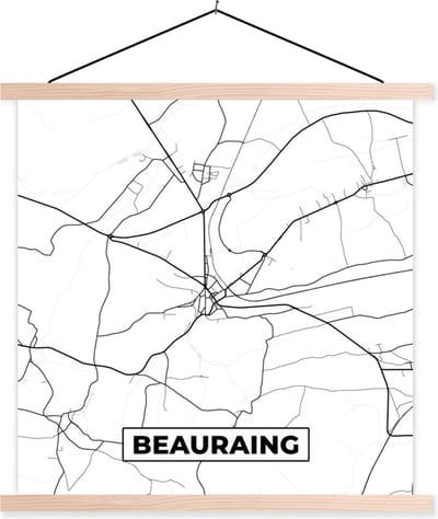 Posterhanger incl. Poster 40x40 cm - Schoolplaat - België – Beauraing – Stadskaart – Kaart – Zwart Wit – Plattegrond - Textielposter - Blanke latten - Stadskaart