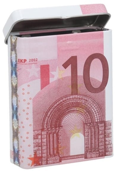 Sigarettendoosje of klein opslag blikje - 10 euro biljetten print - deksel - 7 x 9 x 2.5 cm - doosjes - blikjes
